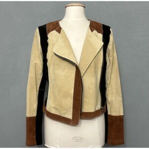 Chaser Womens Jacket M Ivory Black Colrblock Suede Moto Asymmetrical Zip Biker